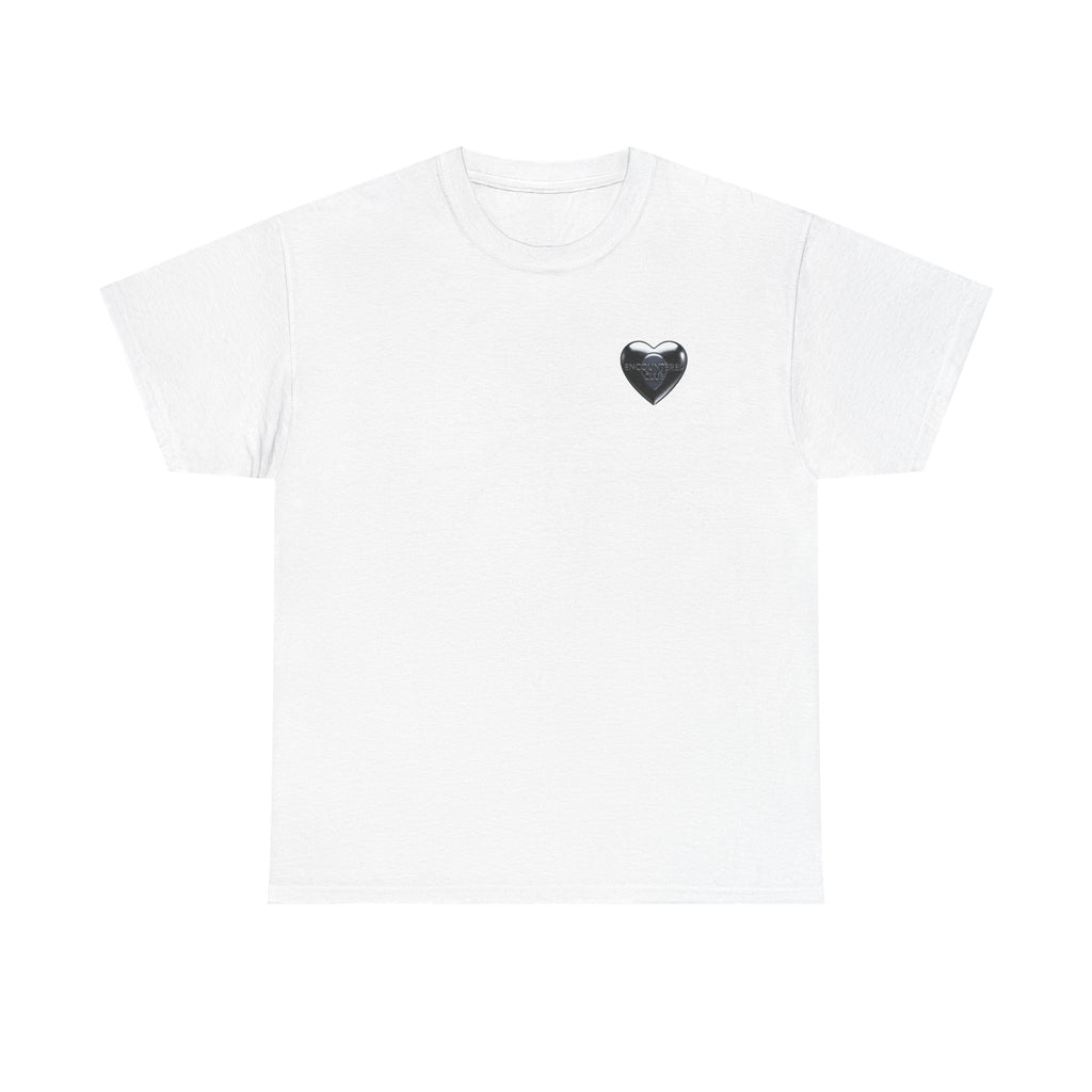 White Tee with Small Black Grey Alien Heart Chest Print —