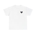 White Tee with Small Black Grey Alien Heart Chest Print —