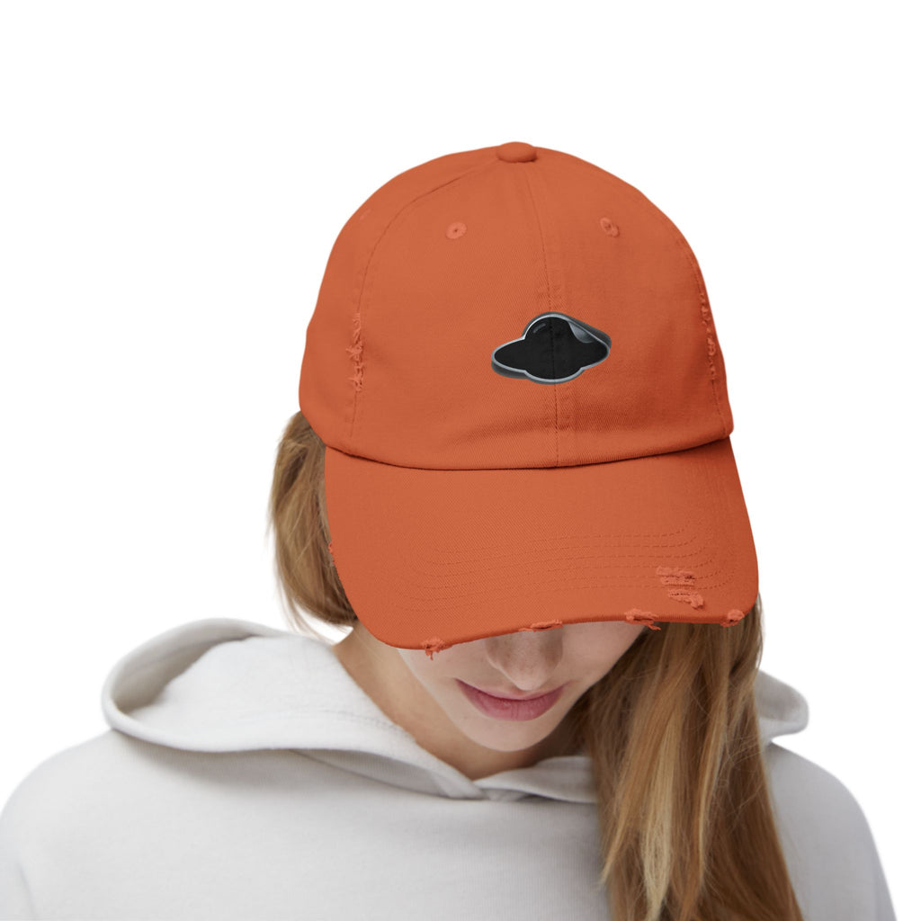 Distressed Orange Cap with Saucer Sticker Patch —  Distressed Hat