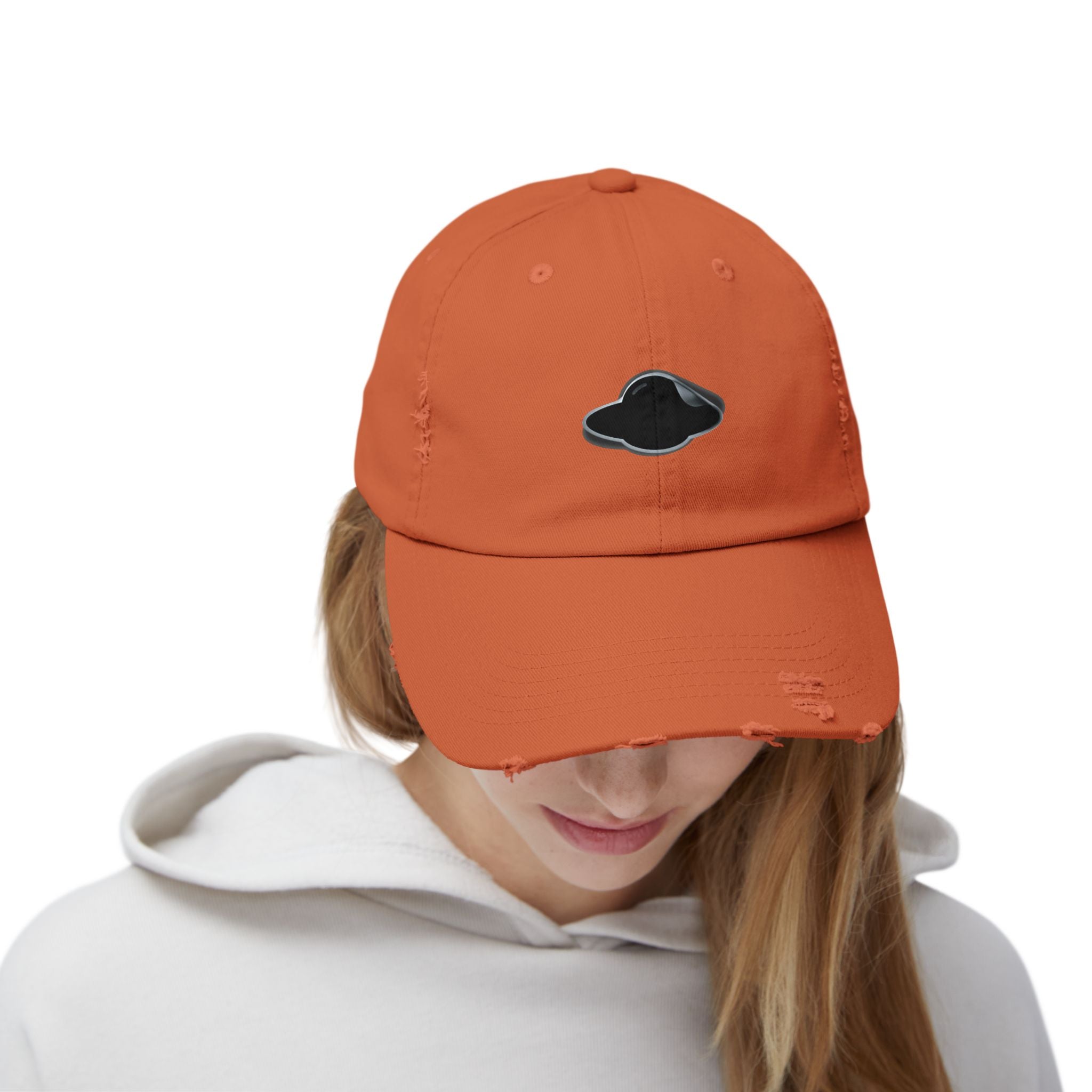 Distressed Orange Cap with Saucer Sticker Patch —  Distressed Hat