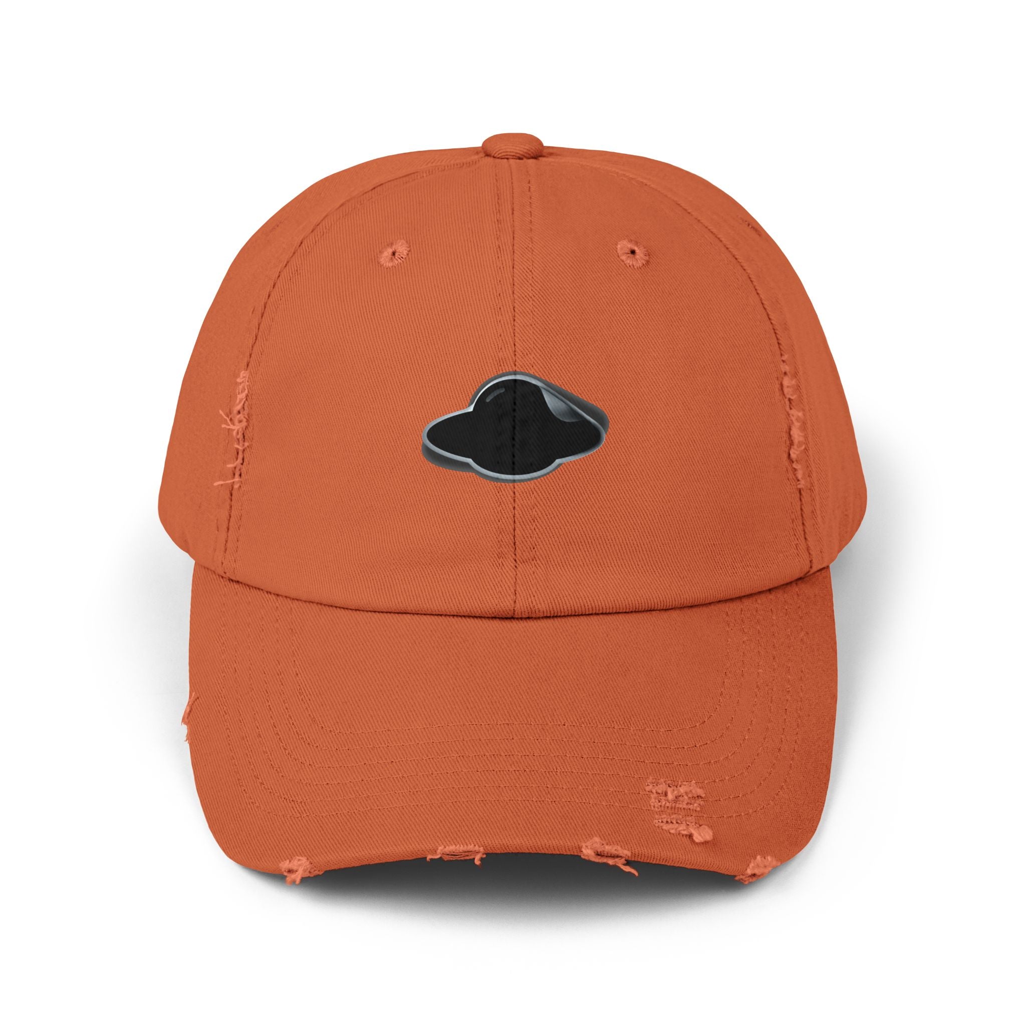 Distressed Orange Cap with Saucer Sticker Patch —  Distressed Hat