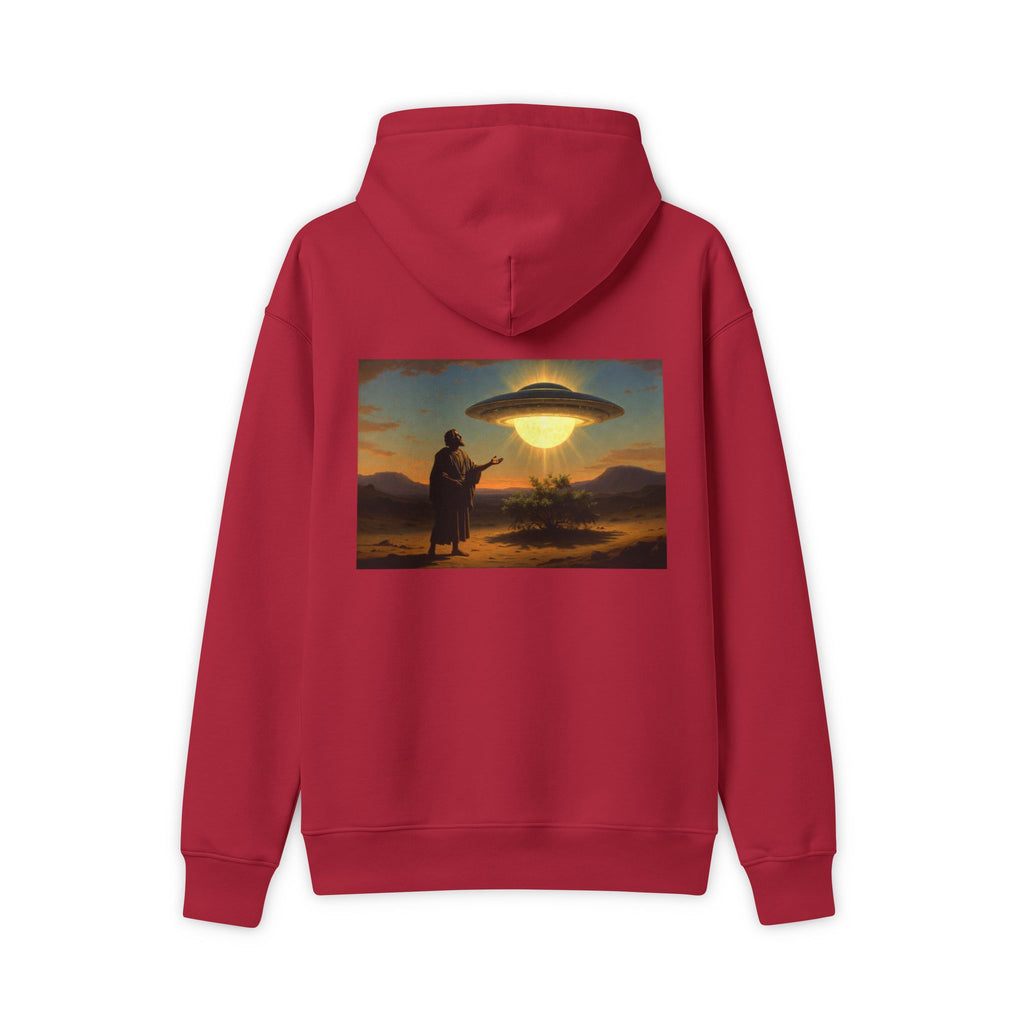 Moses Burning Bush UFO Sighting Hoodie – Cherry Red Graphic Pullover | Biblical UFO Apparel