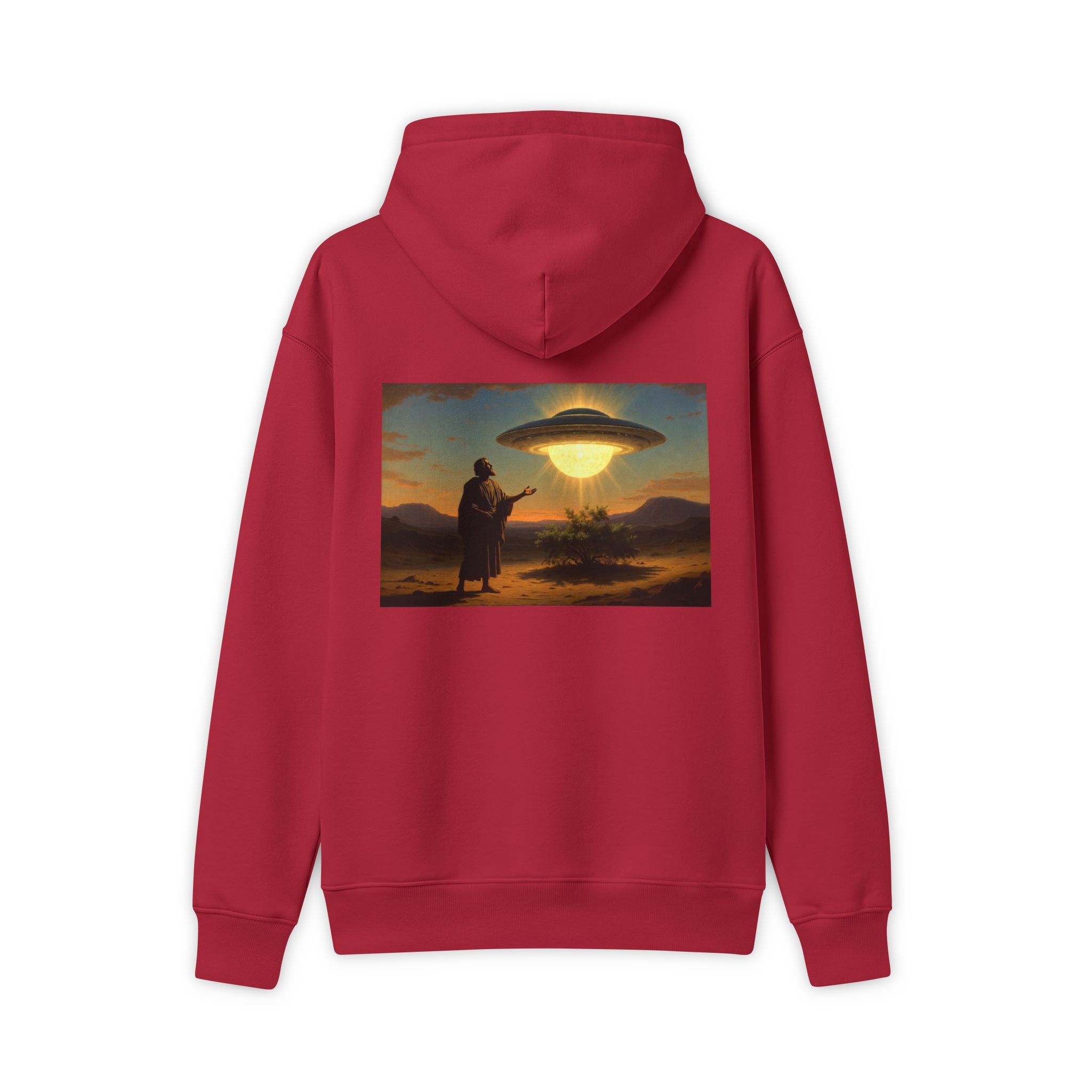 Moses Burning Bush UFO Sighting Hoodie – Cherry Red Graphic Pullover | Biblical UFO Apparel
