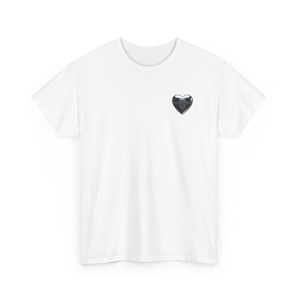 White Tee with Small Black Grey Alien Heart Chest Print —