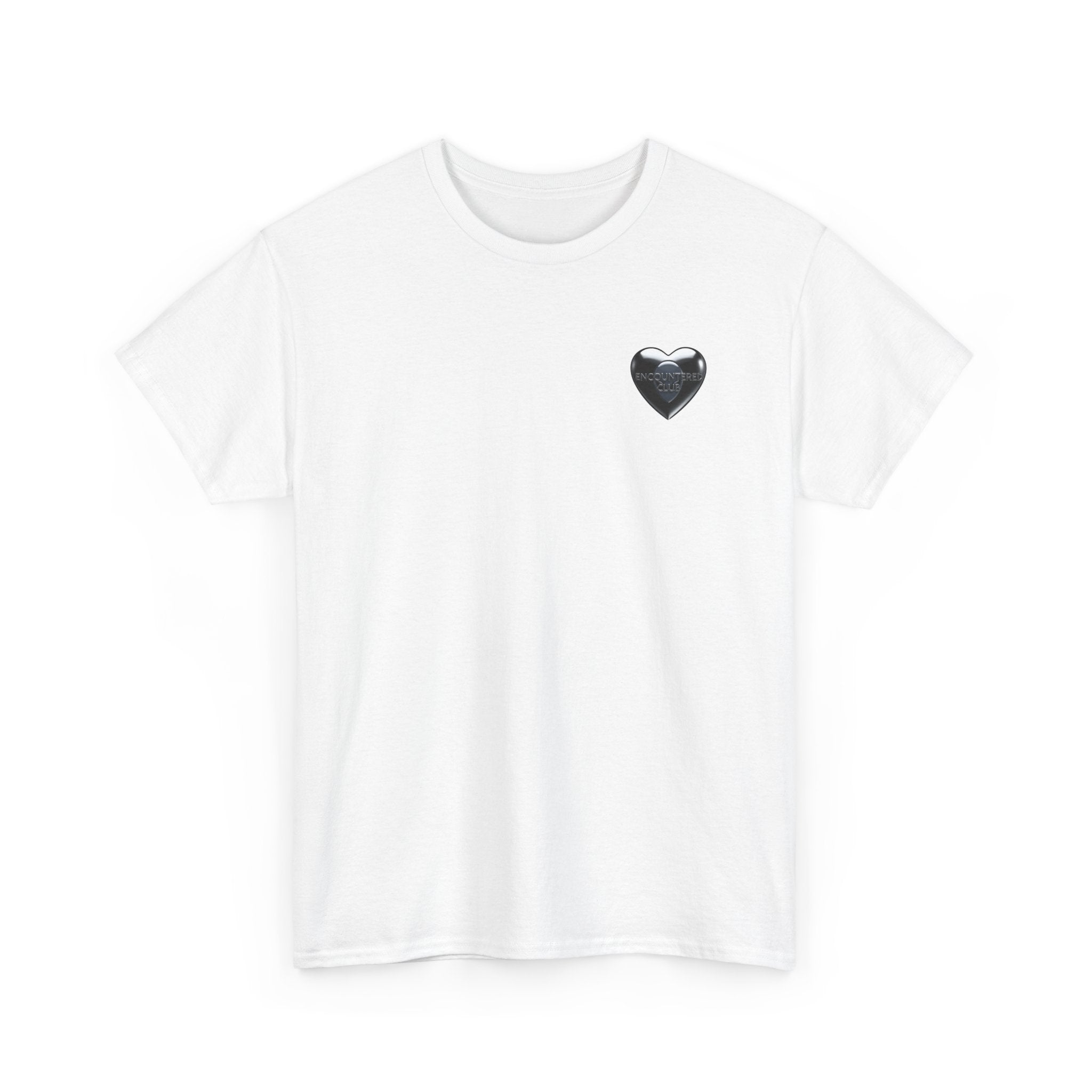 White Tee with Small Black Grey Alien Heart Chest Print —