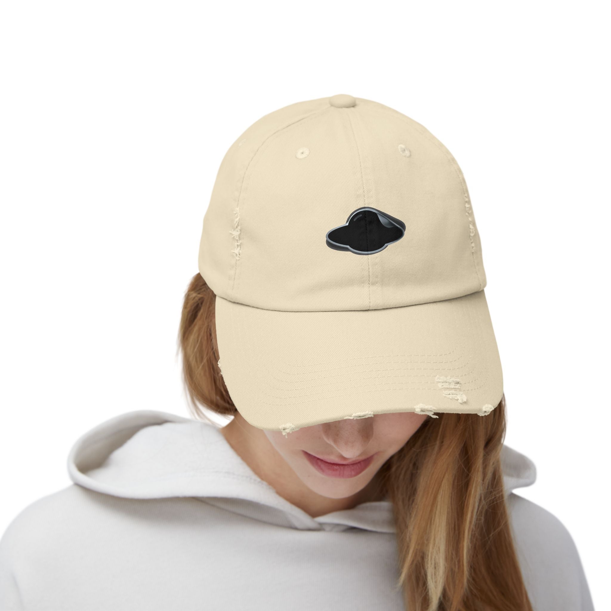 Distressed Stone Cap with Saucer Sticker Patch —  Distressed Hat
