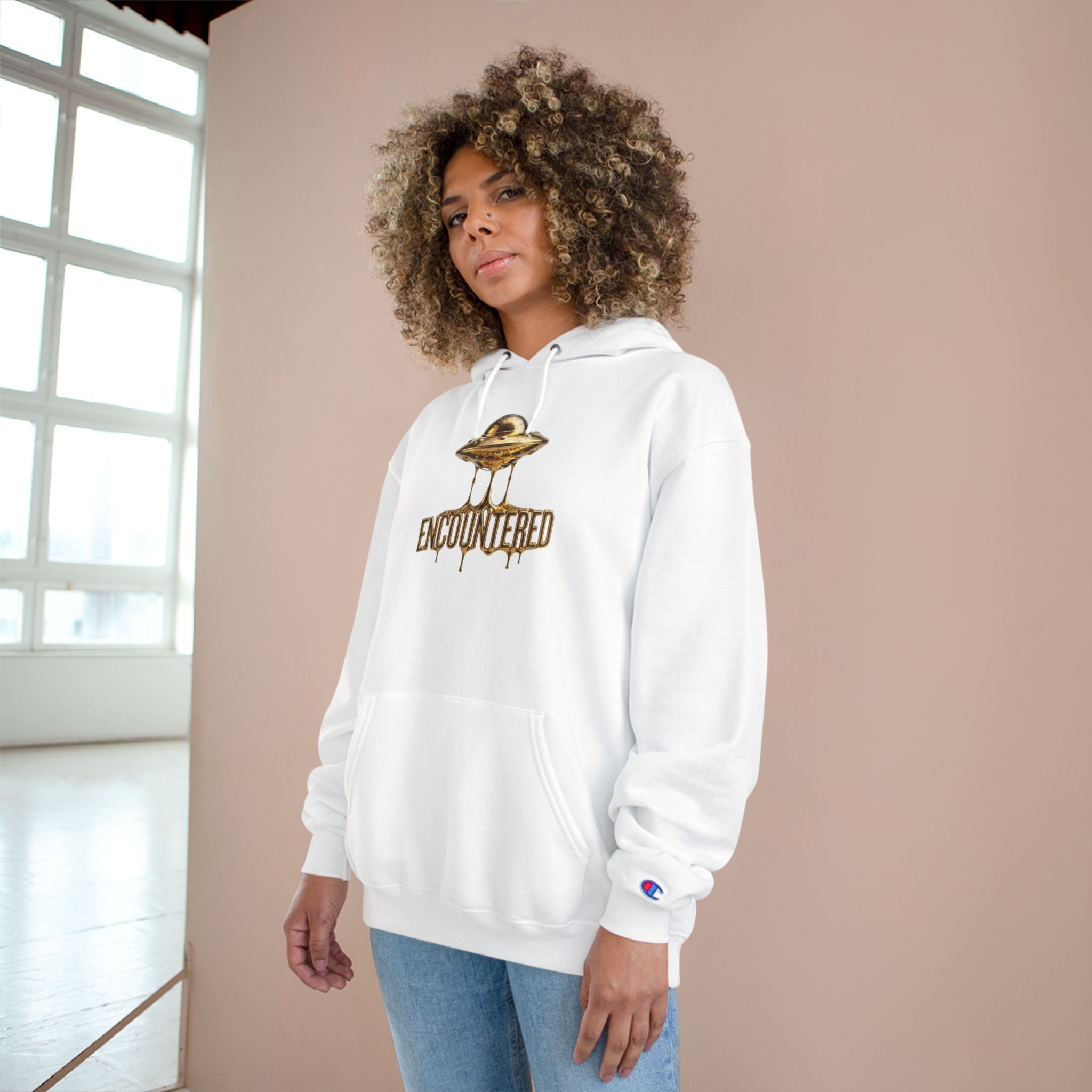 White Encountered Gold UFO Hoodie – Premium Gold Dripping UFO Graphic | Alien Apparel
