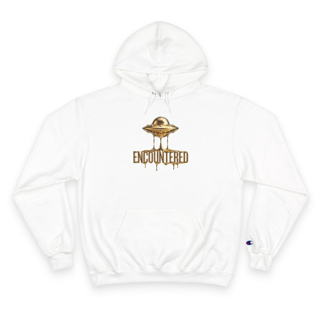 White Encountered Gold UFO Hoodie – Premium Gold Dripping UFO Graphic | Alien Apparel