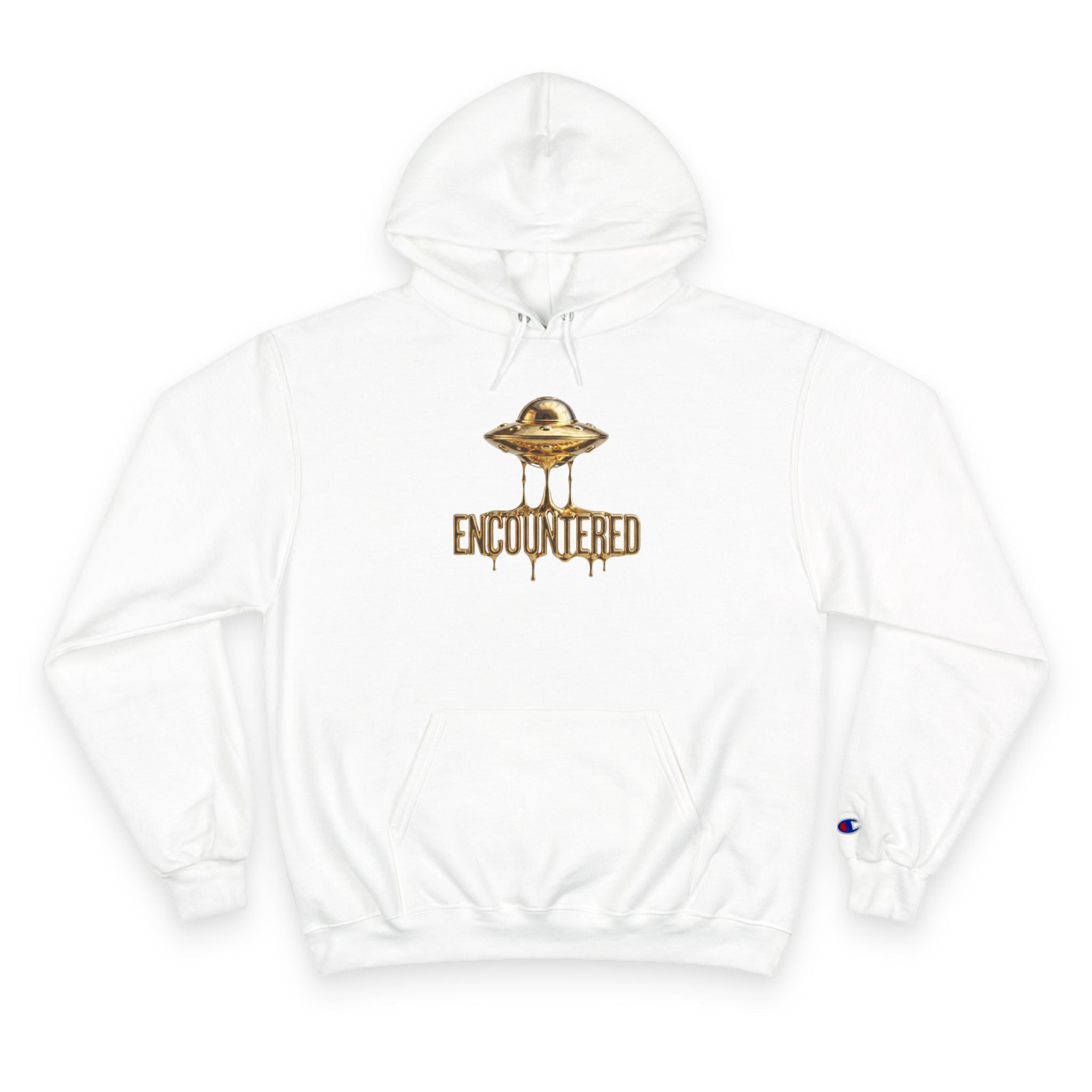 White Encountered Gold UFO Hoodie – Premium Gold Dripping UFO Graphic | Alien Apparel