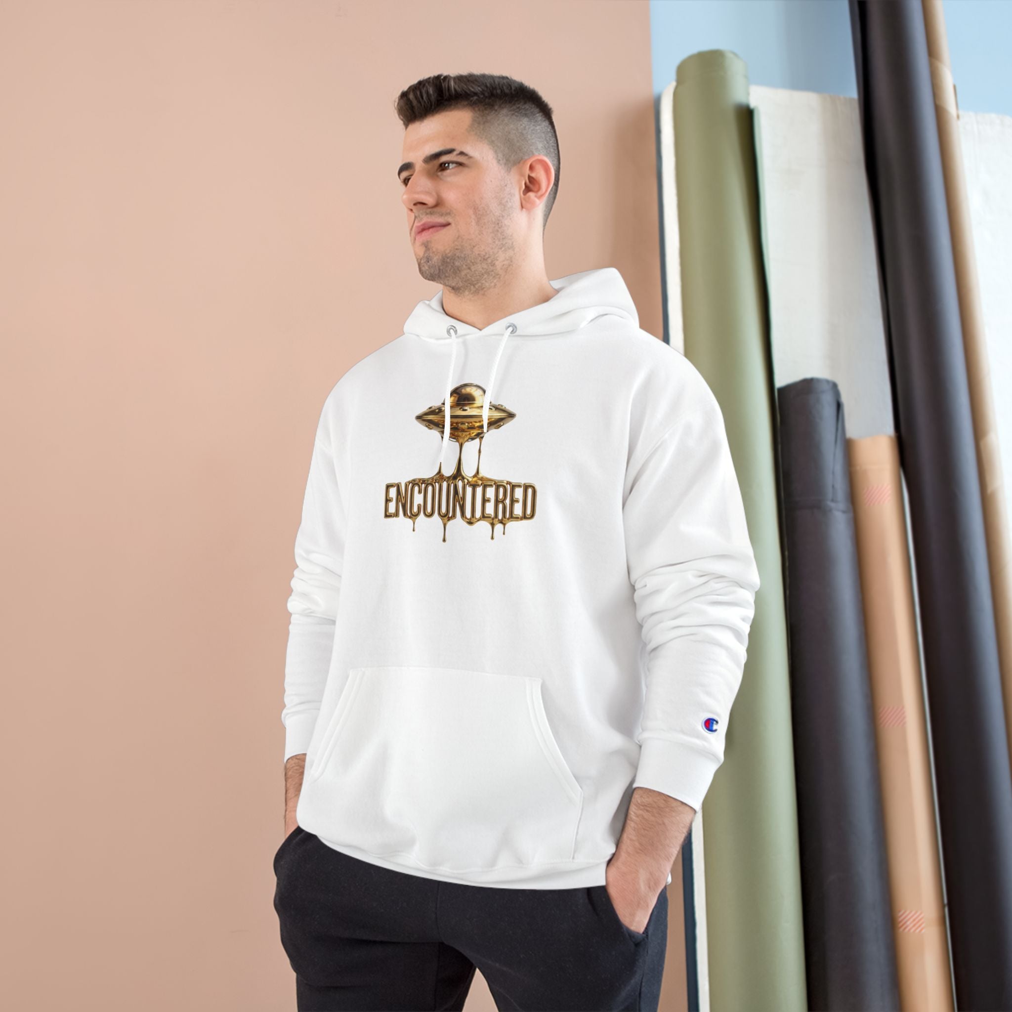 White Encountered Gold UFO Hoodie – Premium Gold Dripping UFO Graphic | Alien Apparel