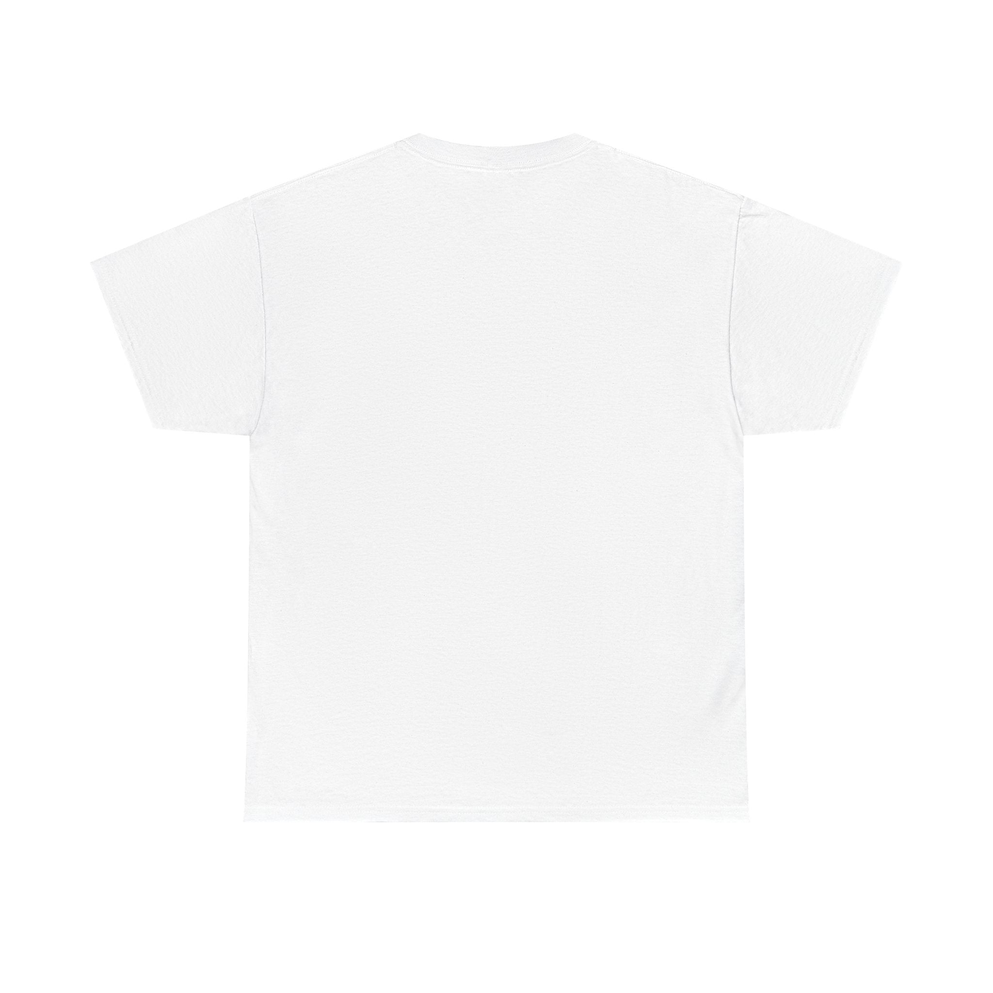 White Tee with Small Black Grey Alien Heart Chest Print —
