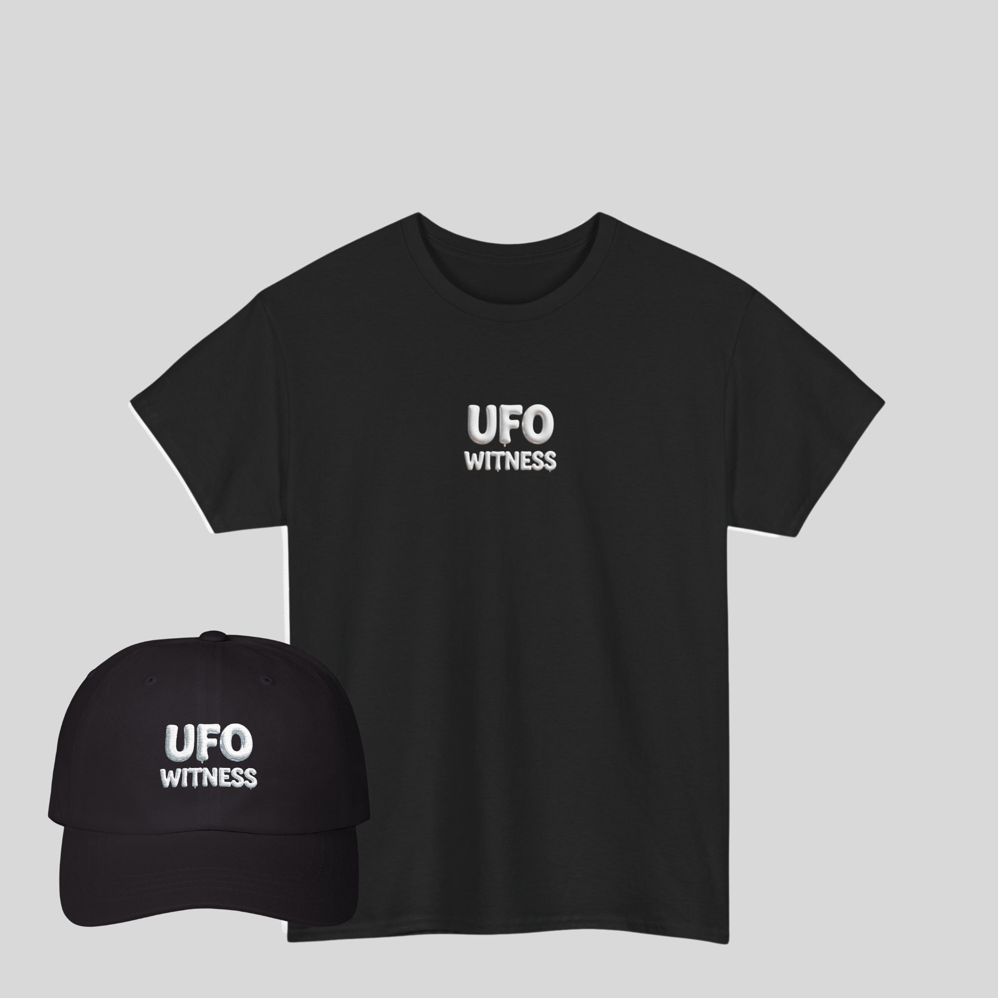 Black UFO Witness T-shirt & Black Dad Cap Bundle