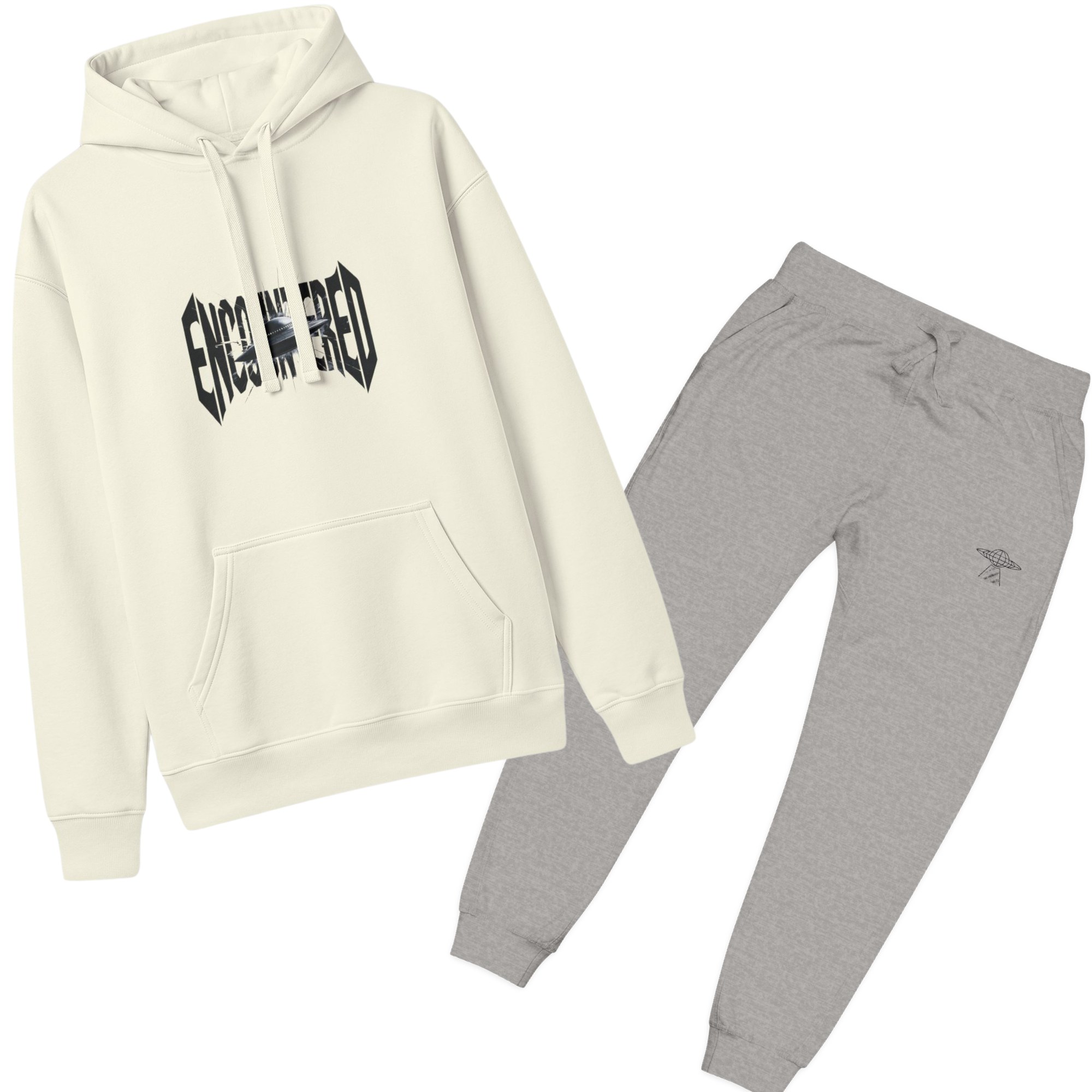 Classic Encountered Lounge Set – Off White "Encountered" Hoodie + Grey Sweatpants